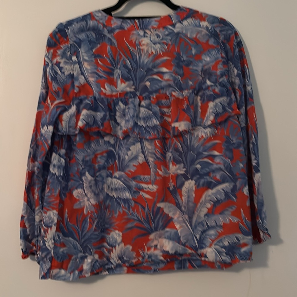 J. Crew Red and Blue Ruffled Blouse with Mandarin Collar - Picture 3 of 3